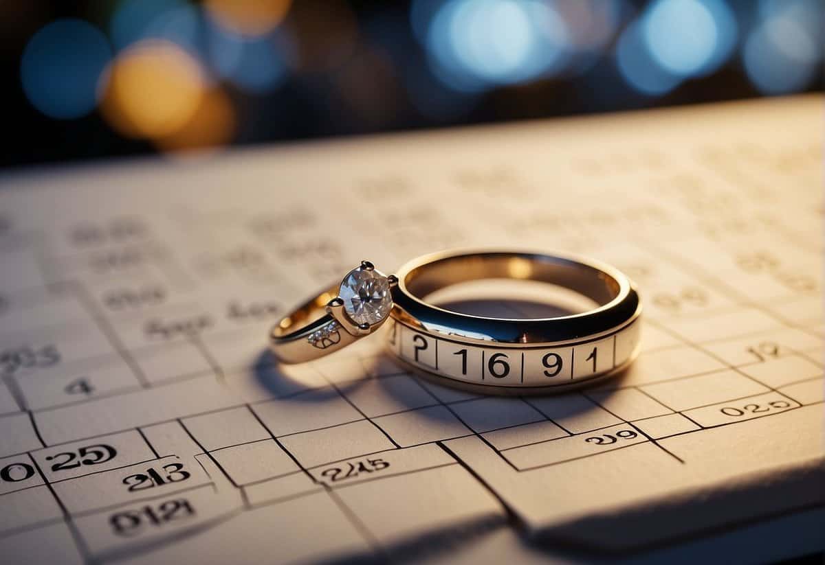 A calendar with highlighted dates for different age milestones, a wedding ring, and a question mark