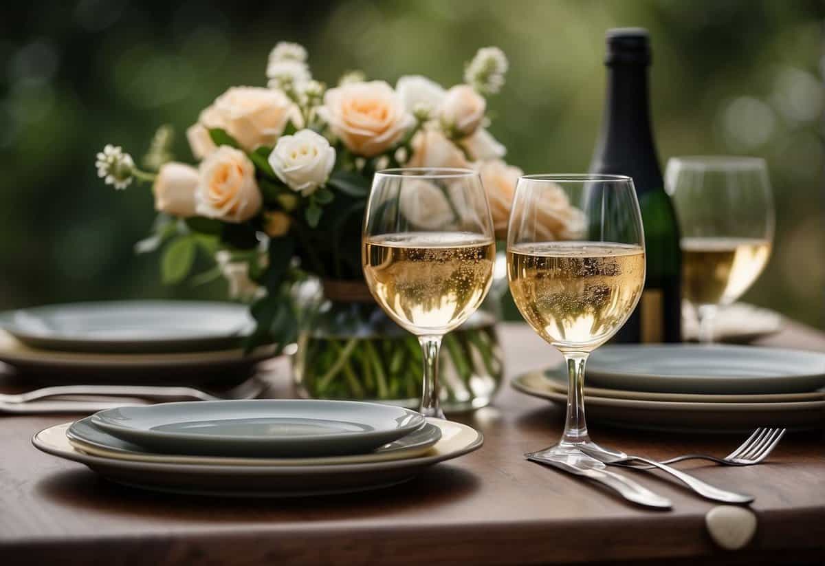 A table set for two with a bouquet of flowers, a bottle of champagne, and two elegant place settings