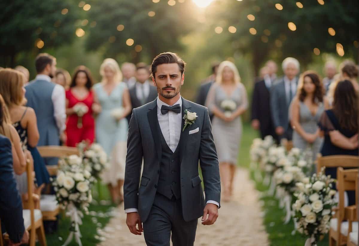 A lone figure walks down the aisle, head held high, with a sense of determination and pride. The surroundings are filled with anticipation and curiosity