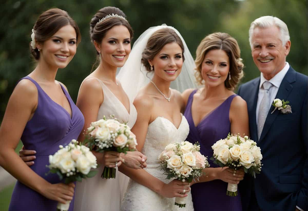 The father of the bride stands next to the wedding party, wearing the same color as the rest of the group