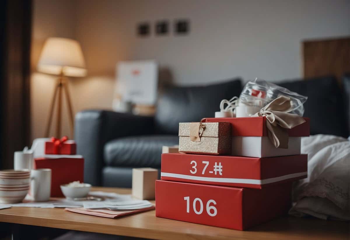 A cluttered apartment with scattered wedding gifts and empty takeout containers. A calendar on the wall shows the first month crossed out in red