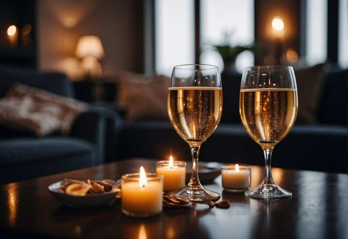 A cozy living room with two empty wine glasses, a flickering candle, and a wedding photo on the wall