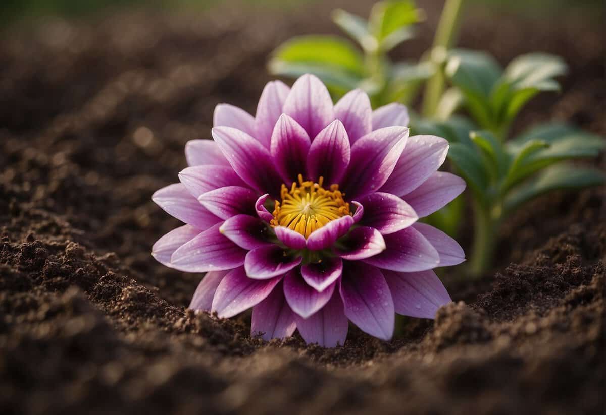 A blooming flower breaking through the soil, symbolizing personal growth and identity. An intricate maze representing the challenges of the first month of marriage