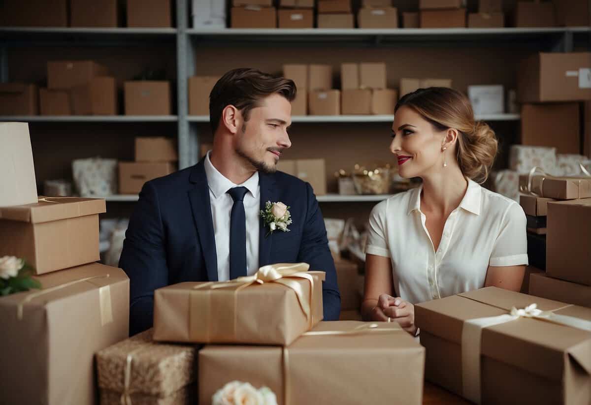 A newlywed couple sits at a table, surrounded by piles of wedding gifts and open boxes. They look at each other with uncertainty and exhaustion, wondering if the first month of marriage is truly the hardest