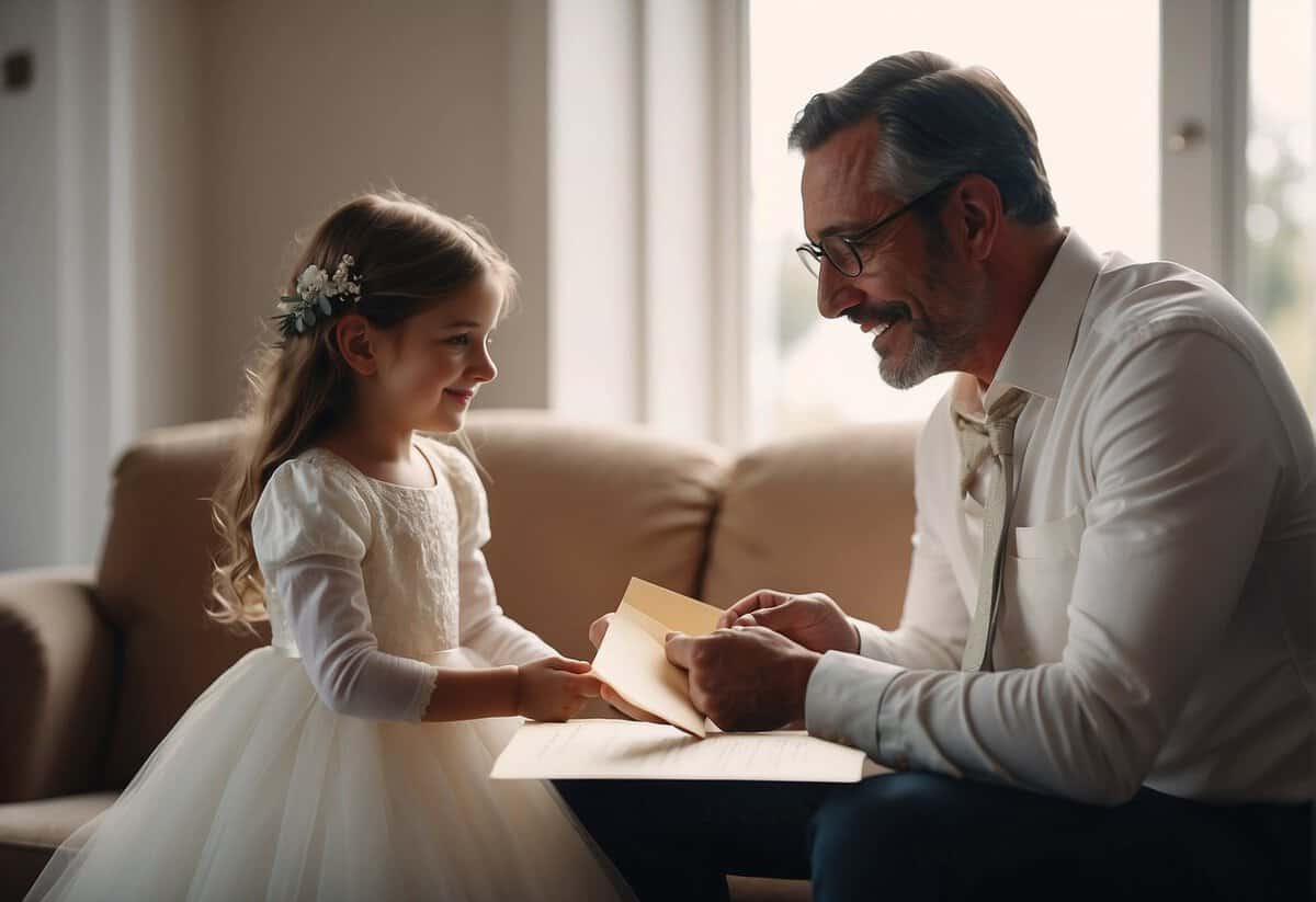 A father presents a handwritten letter and a family heirloom to his daughter on her wedding day