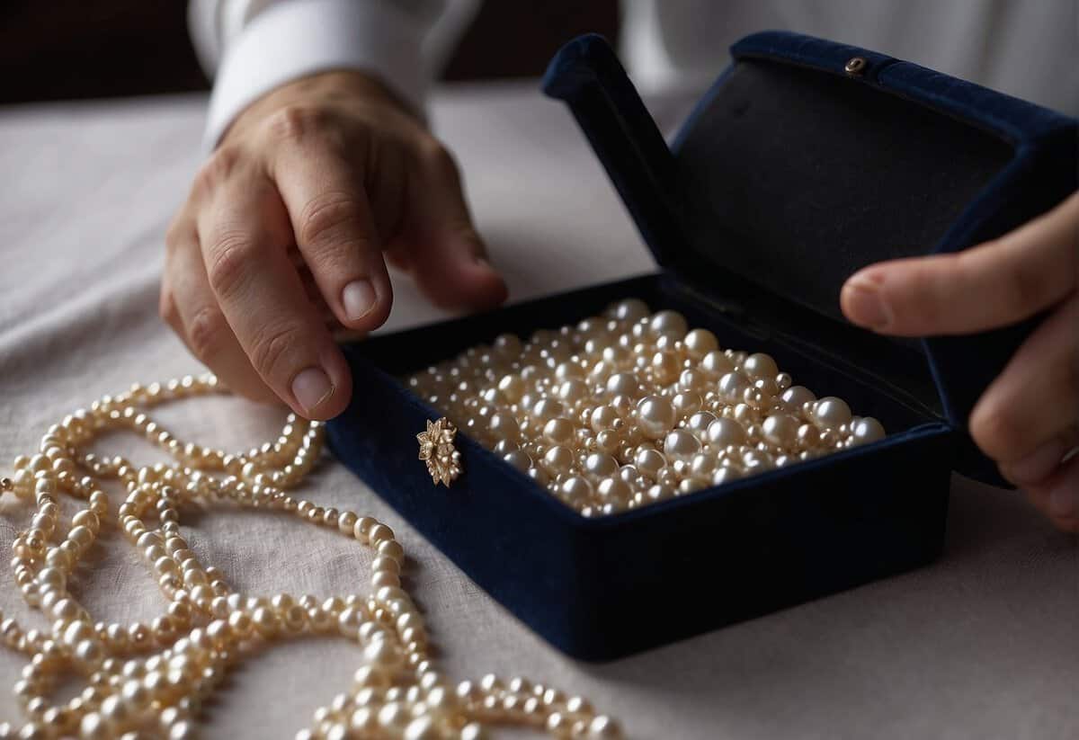 A father placing a delicate pearl necklace in a velvet box on a lace-covered table