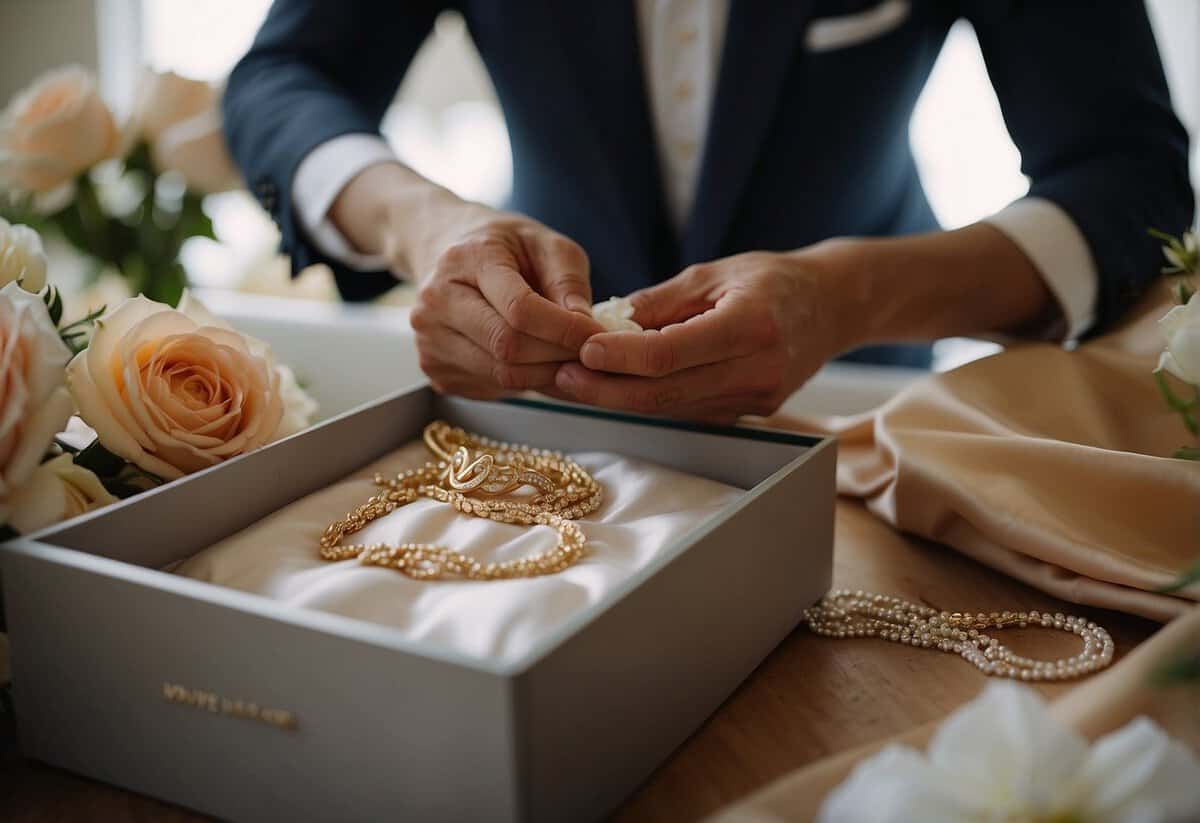 A father placing a delicate necklace in a satin-lined box, ready to present to his daughter on her wedding day