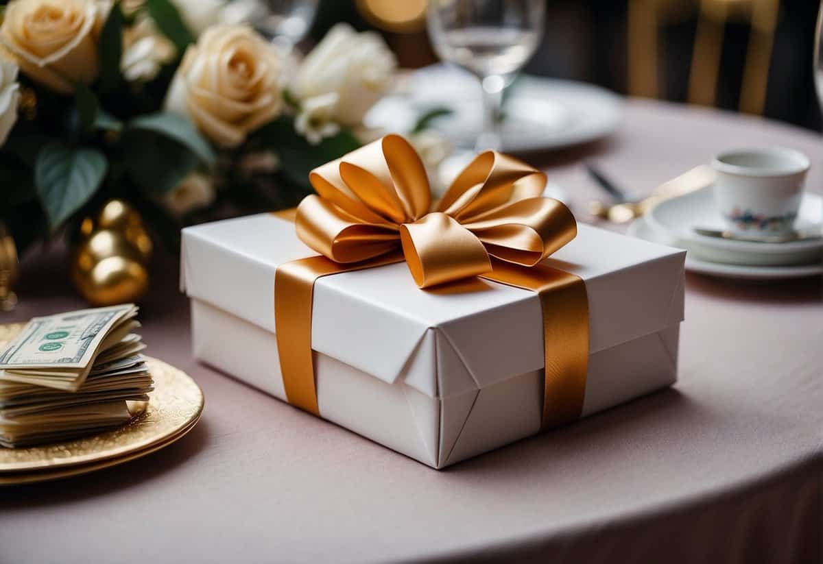 A gift box with a ribbon, containing a check or cash, placed on a beautifully decorated gift table at a wedding reception