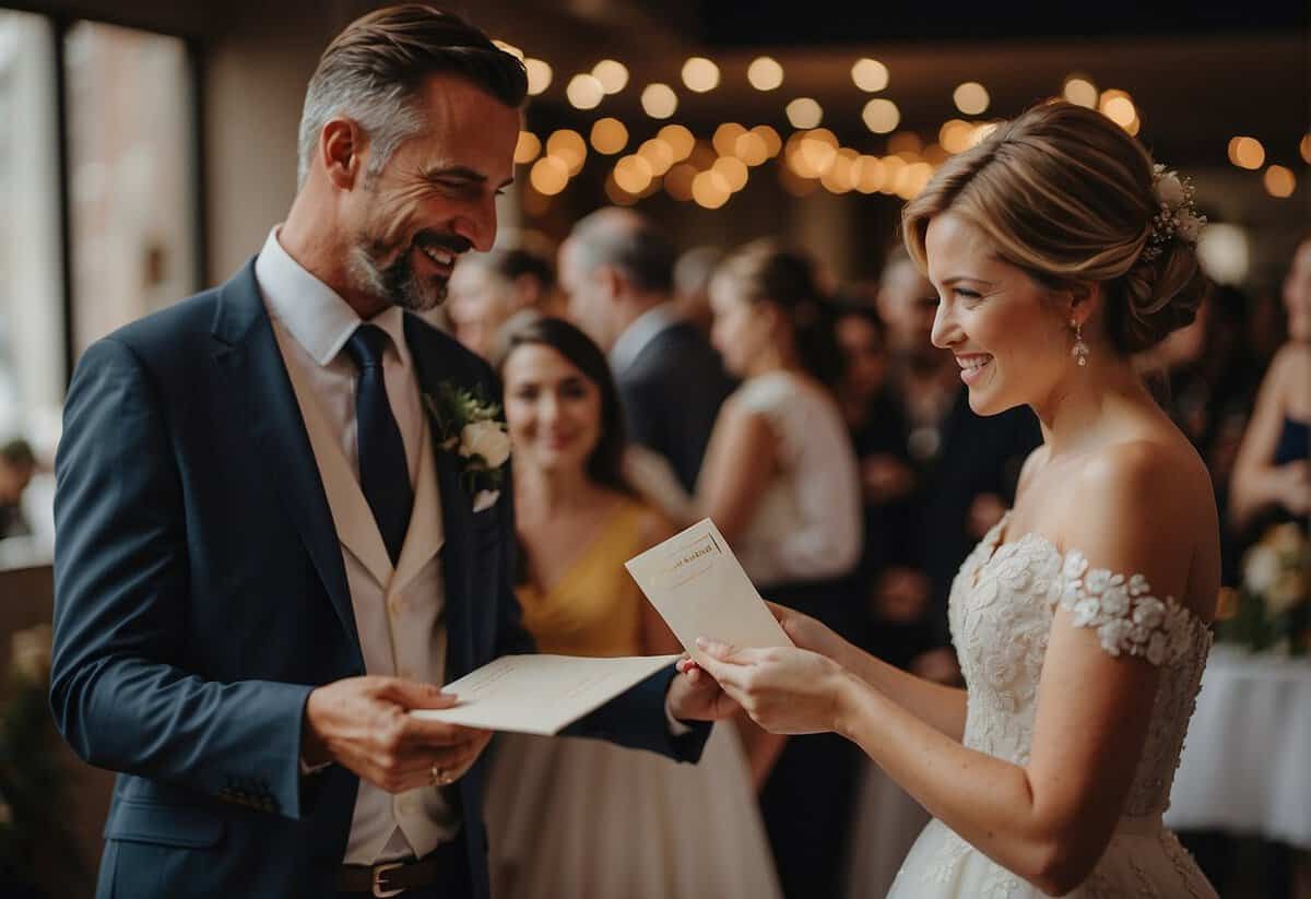 A parent handing an envelope to their daughter on her wedding day