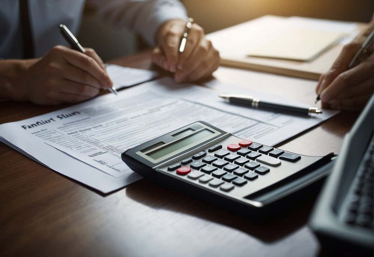 A couple sits at a table, surrounded by tax forms and documents. A calculator and pen are on the table as they discuss tax benefits of being married