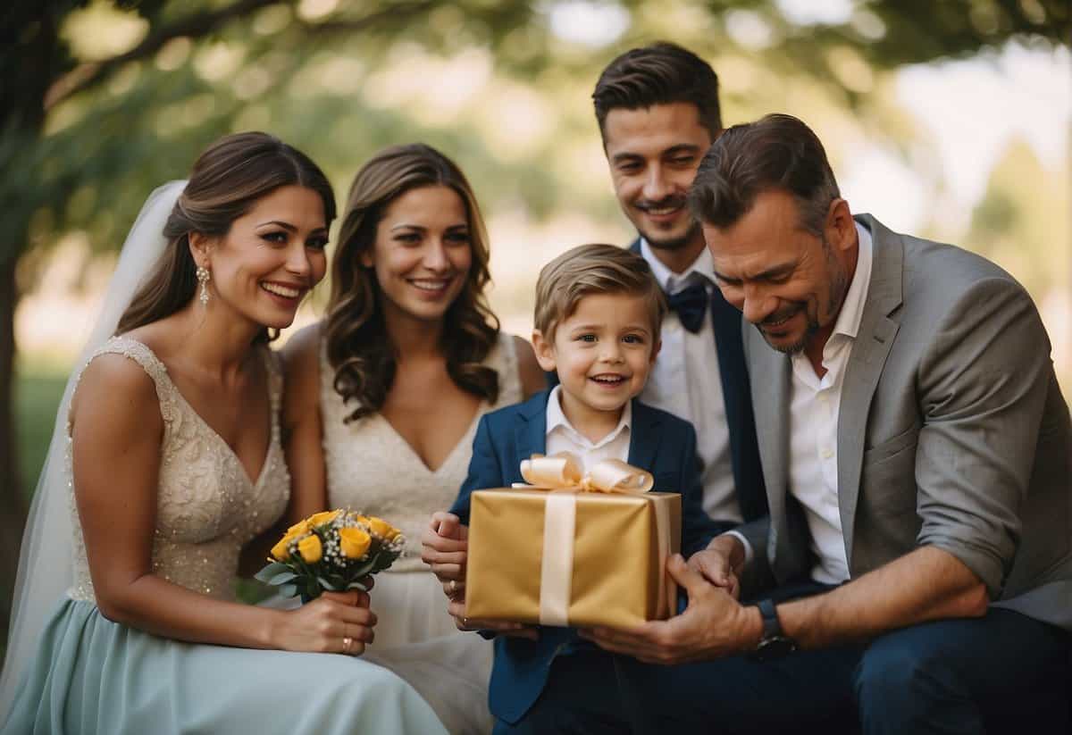 Parents present a wrapped gift to their son at his wedding