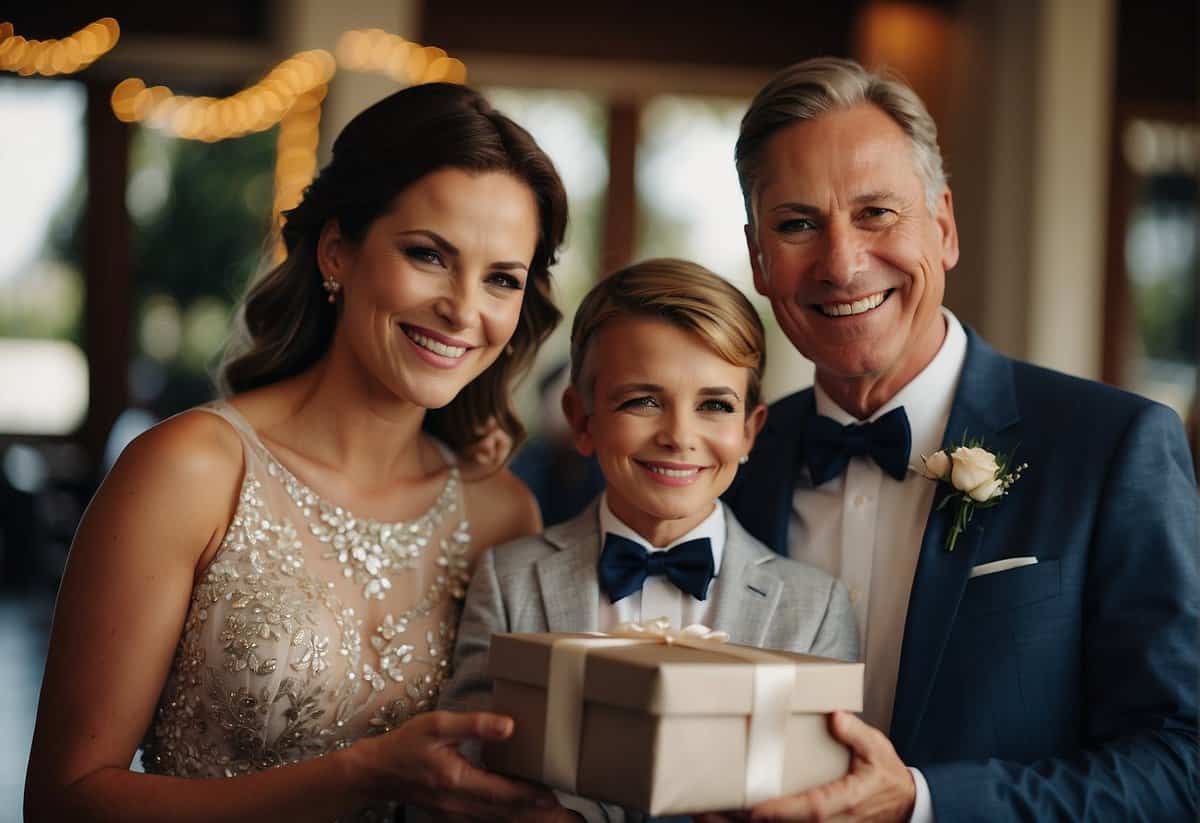Parents present a gift to their son on his wedding day