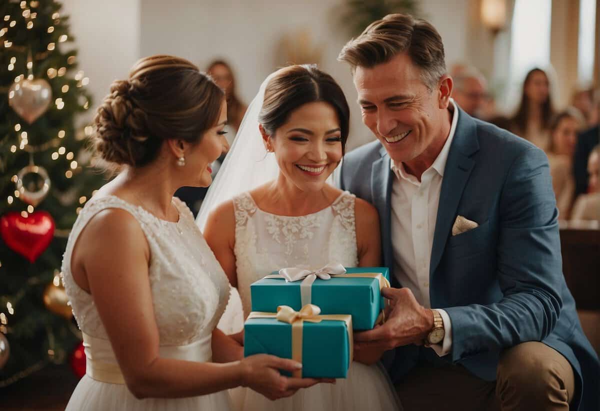Parents present a wrapped gift to their son at his wedding