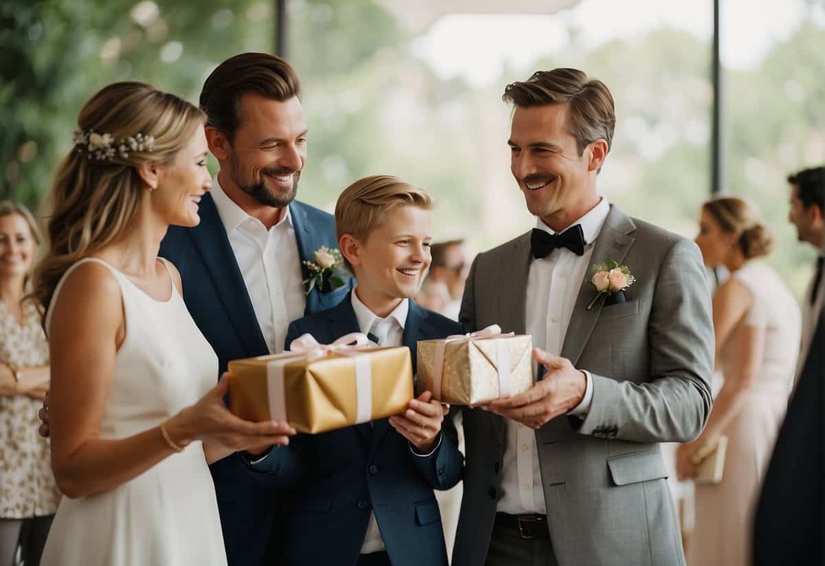 Parents presenting a wrapped gift to their son at his wedding