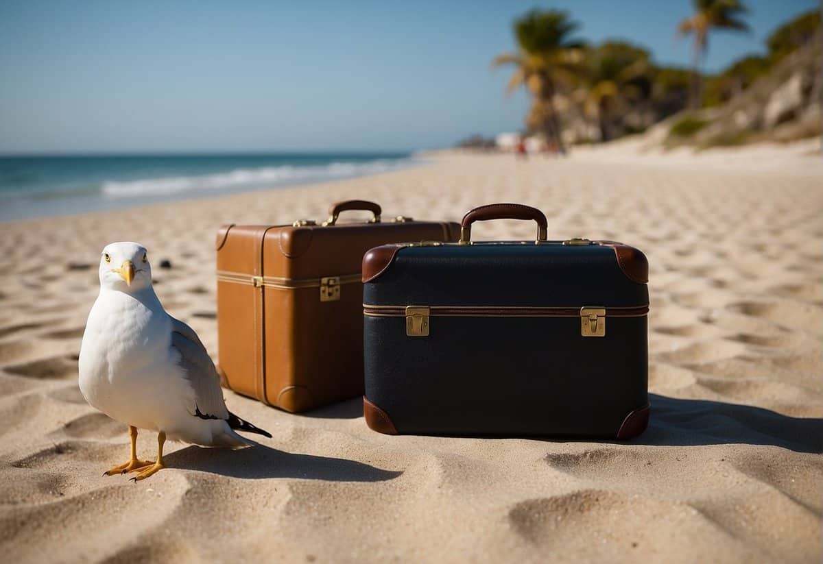 Two suitcases sit side by side on a deserted beach, each labeled with a different destination. A single seagull flies overhead, casting a shadow on the sand