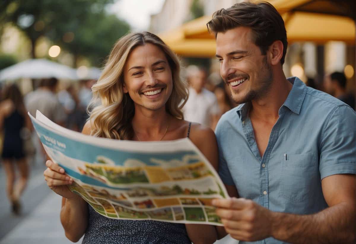 Couples discuss honeymoon plans, one partner holding a map, the other browsing a travel brochure. They both look excited and engaged in the conversation