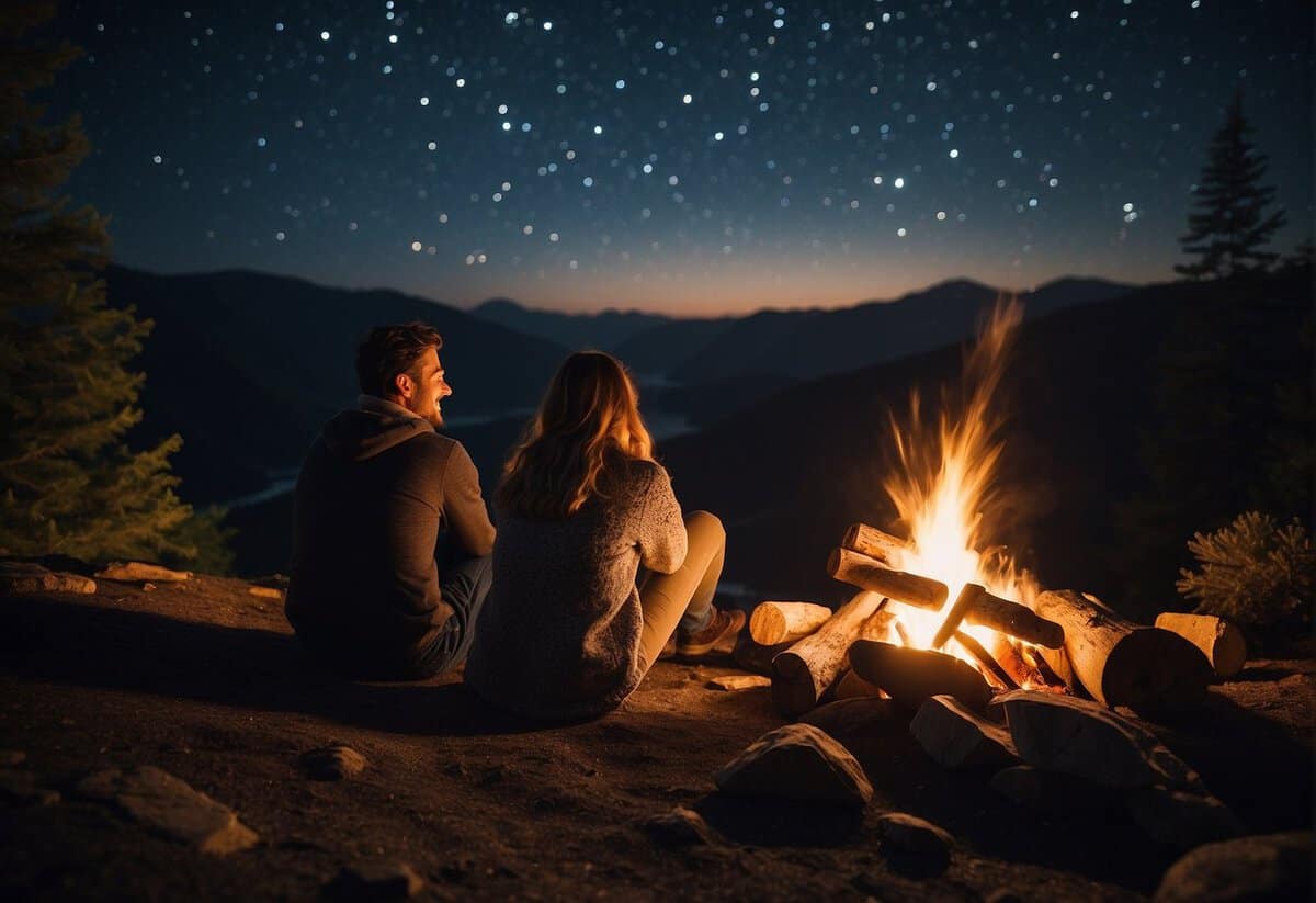A couple sits around a cozy campfire, gazing at the stars and sharing intimate conversations, strengthening their bond beyond the honeymoon