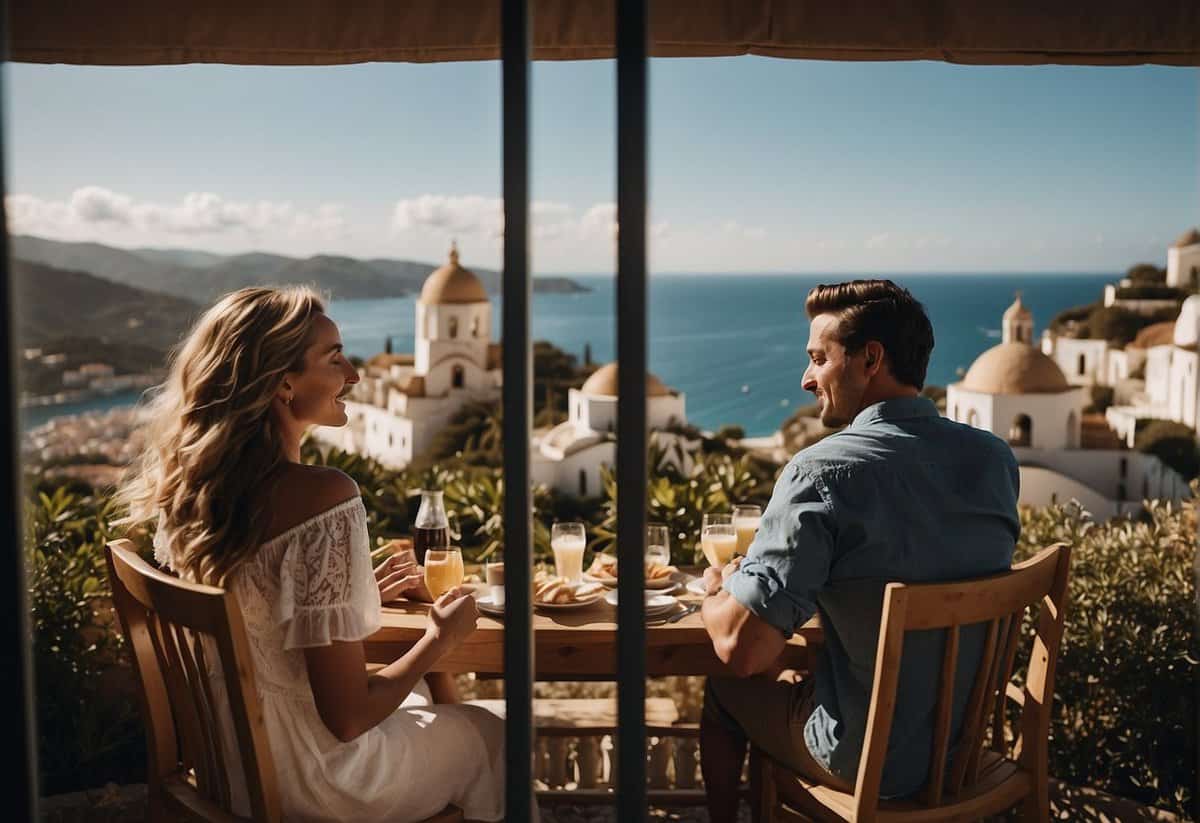 A split screen with two separate honeymoon destinations, each with a couple enjoying their time together