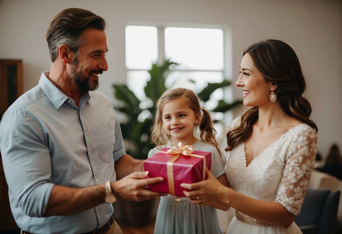 Parents present a wrapped gift to their daughter on her wedding day