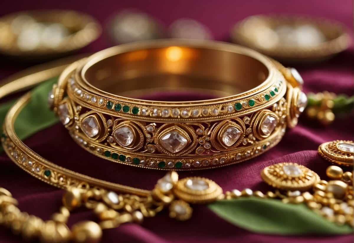 A pair of ornate gold bangles and a traditional silk saree laid out on a beautifully decorated table, symbolizing the cultural significance of wedding gifts from parents to their daughter