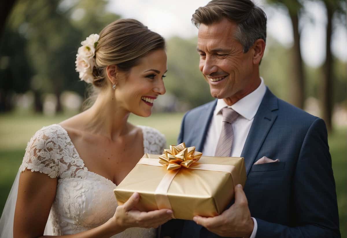 Parents present a carefully wrapped gift to their daughter on her wedding day, expressing love and pride