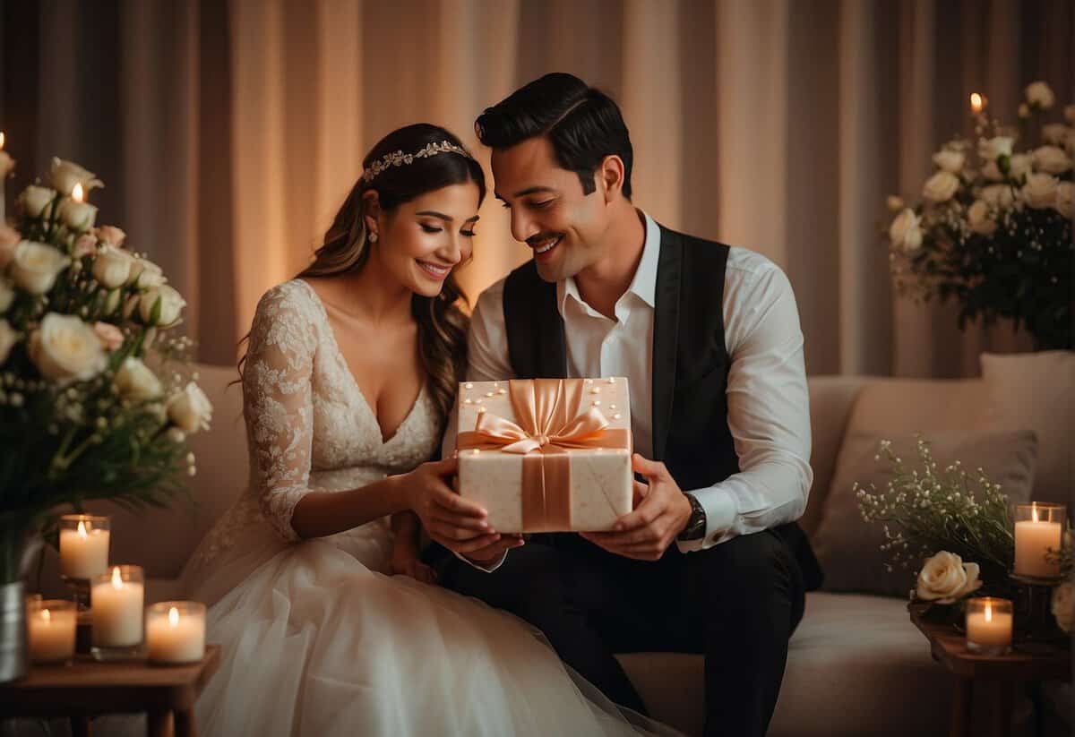 Parents present a beautifully wrapped gift to their daughter on her wedding day, surrounded by flowers and candles, creating a warm and intimate atmosphere