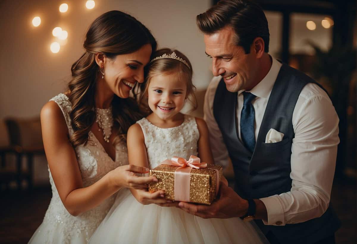Parents present a wrapped gift to their daughter on her wedding day
