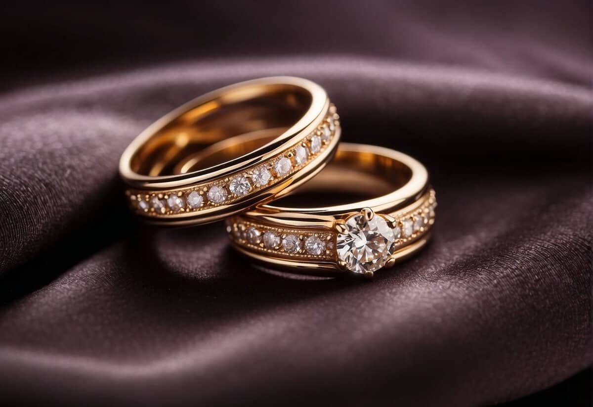 Two rings resting on a velvet cushion, one with a diamond and the other a simple band, surrounded by a soft glow