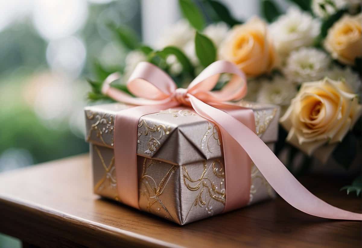 A beautifully wrapped gift box with a ribbon and bow sits on a table, surrounded by elegant decorations and flowers, hinting at the joyous occasion of a wedding