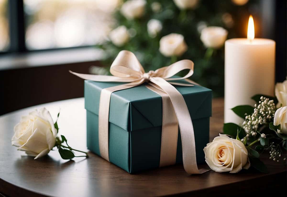 A beautifully wrapped gift box with ribbon and flowers, surrounded by elegant wedding decor and a sign asking for wedding gift ideas and inspiration