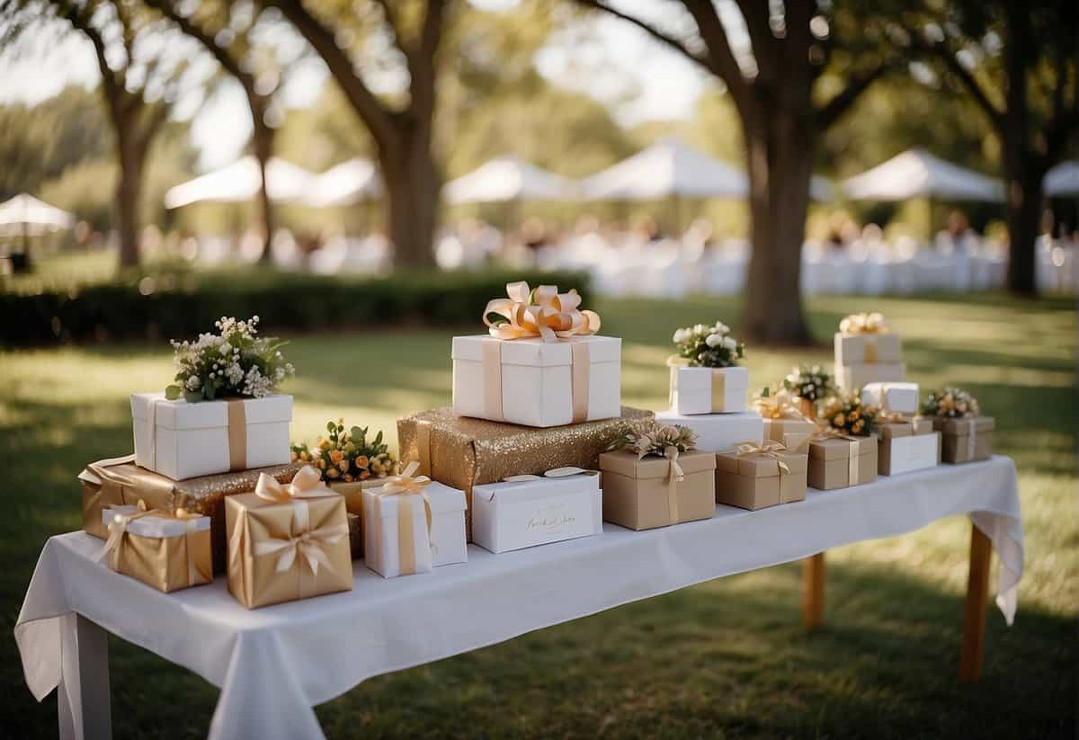 A beautifully decorated wedding gift table with a variety of wrapped presents and a sign indicating "Special Considerations for Wedding Type and Attendance."
