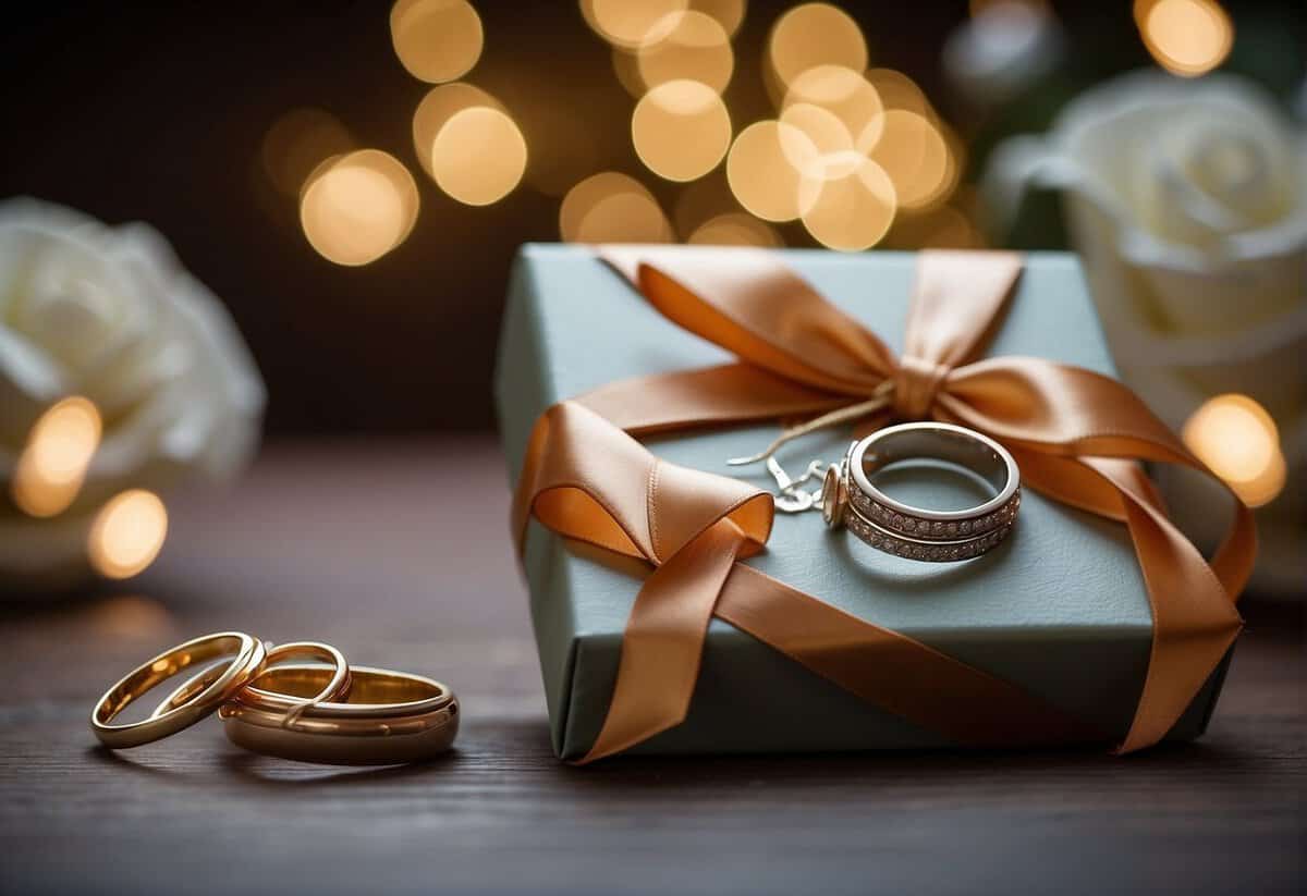 A gift box with a ribbon, wedding rings, and a card with "FAQ: Is $200 a good wedding gift?" on a table