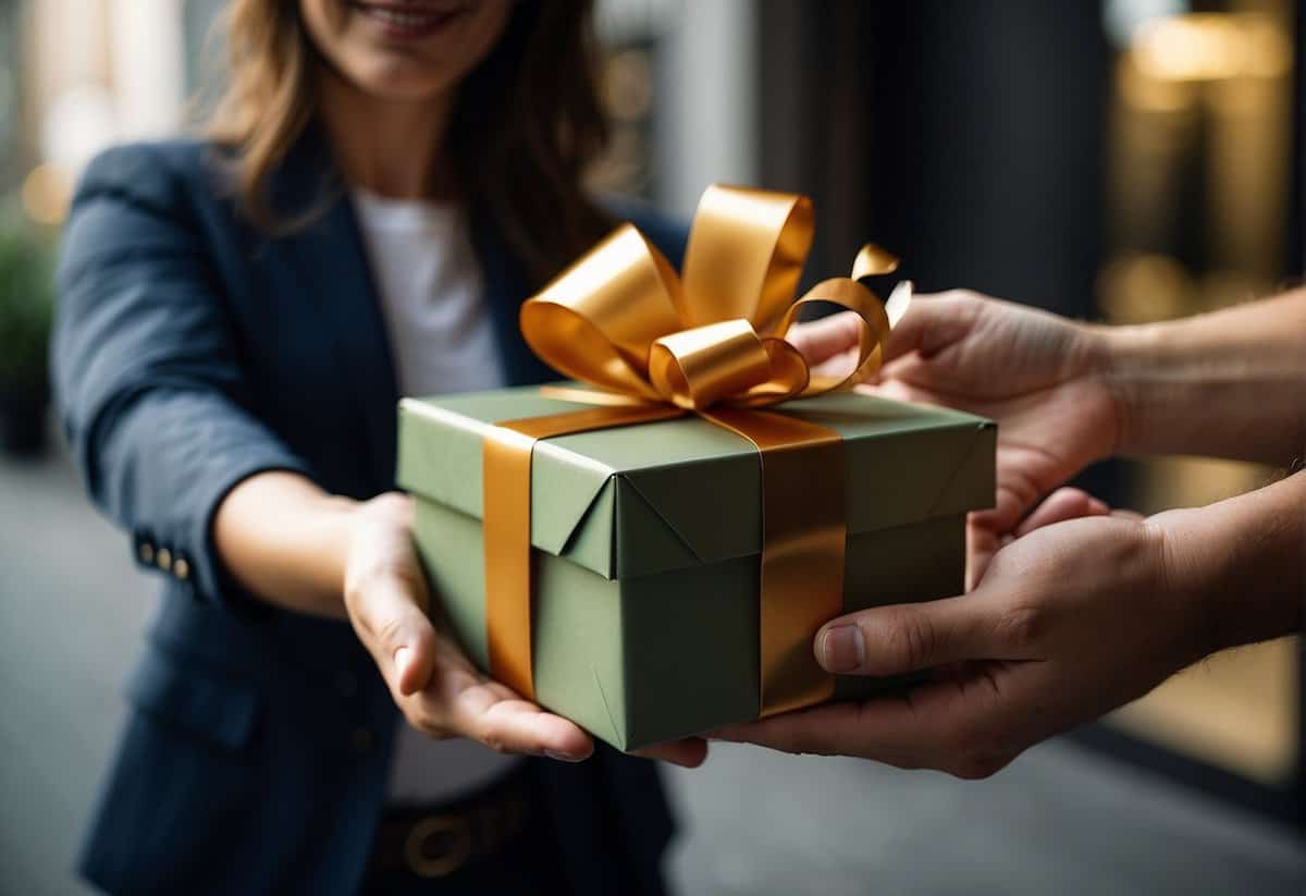 A beautifully wrapped gift box is being handed over to a couple by a delivery person