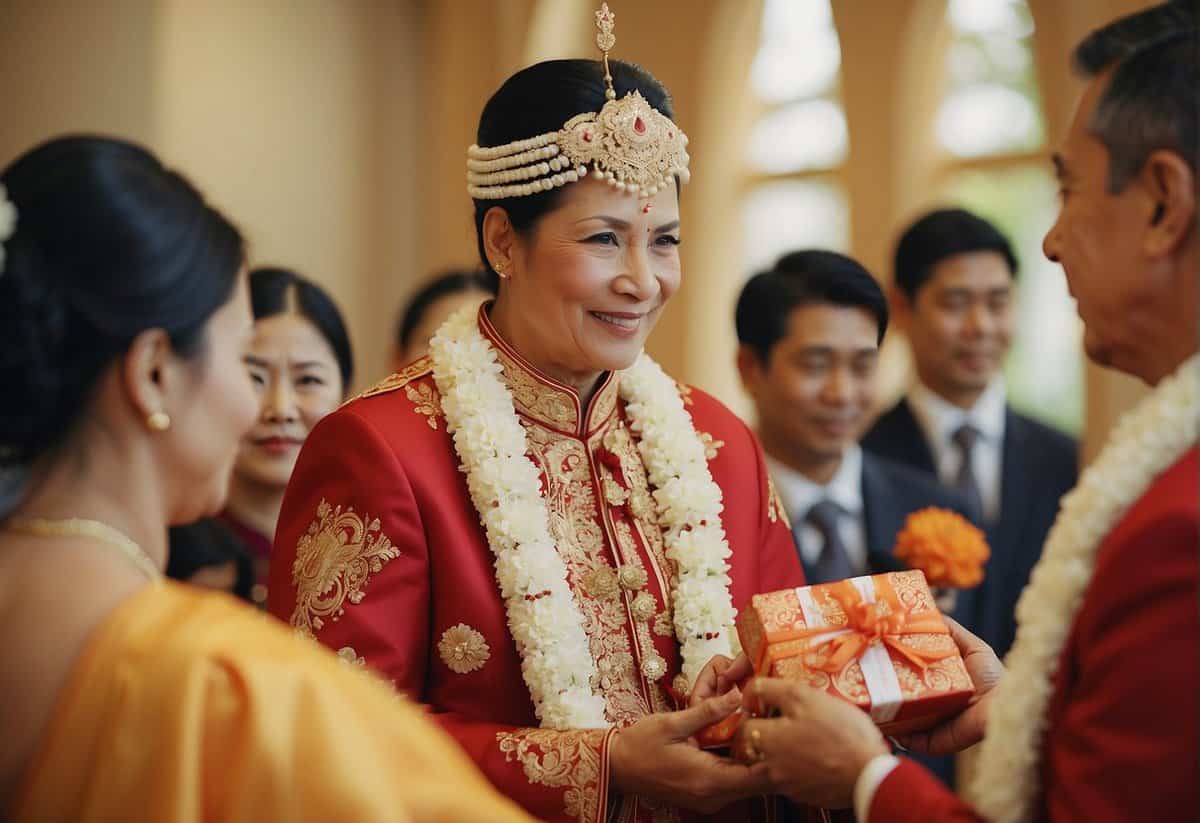 The parents of the bride perform ceremonial duties, such as presenting gifts and blessings, during the wedding ceremony