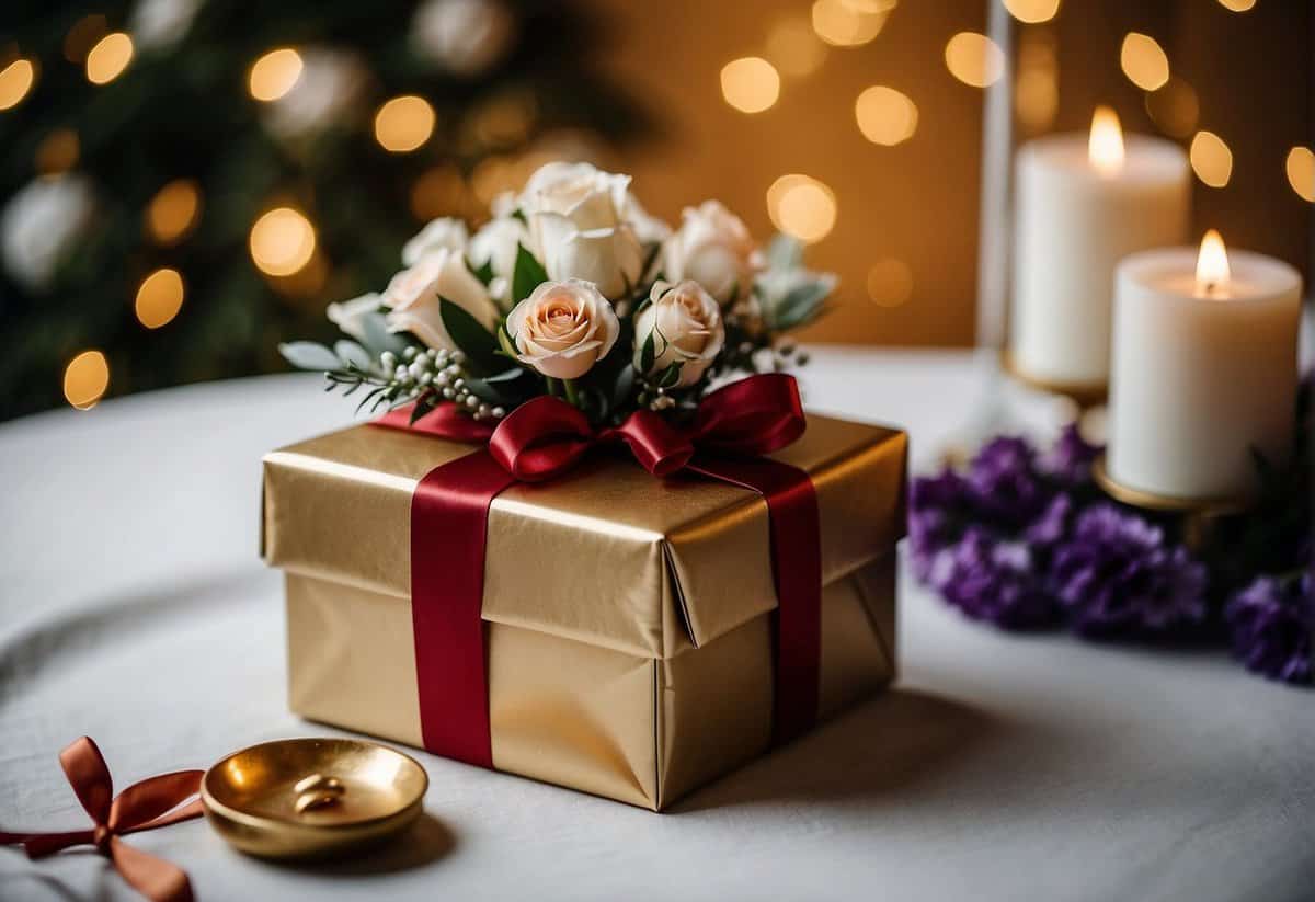 A beautifully wrapped gift sits on a table, surrounded by elegant decorations and floral arrangements. The scene exudes warmth and celebration, despite the absence of any human presence