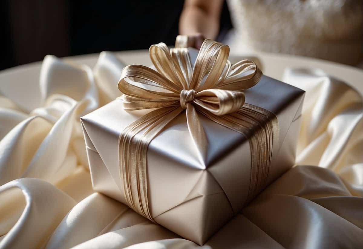 A beautifully wrapped gift is being presented to the bride and groom, with a sense of excitement and anticipation in the air