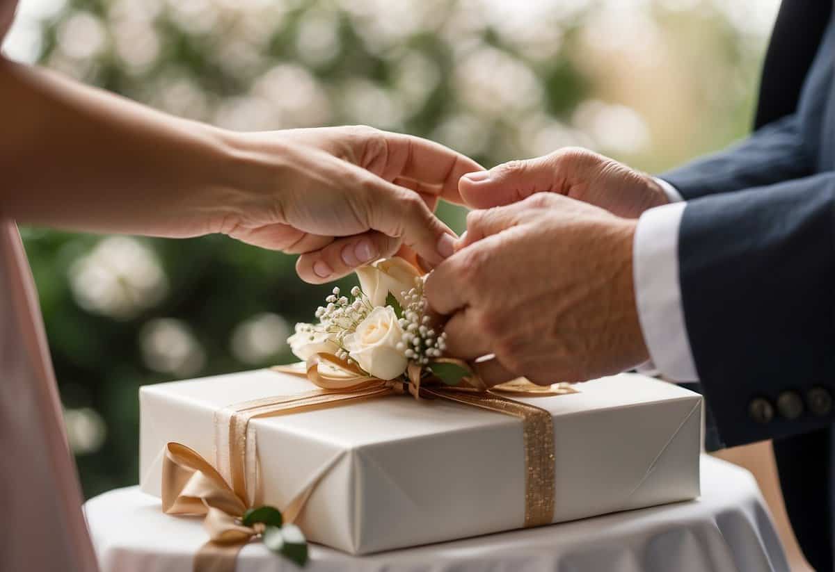A couple's hands exchange a beautifully wrapped wedding gift, symbolizing their love and appreciation for the bride