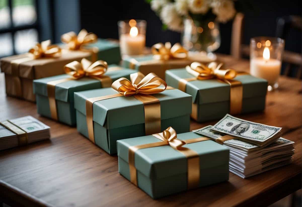 Guests' financial considerations: average wedding gift per person. A scene of gift boxes, envelopes, and cash placed on a table