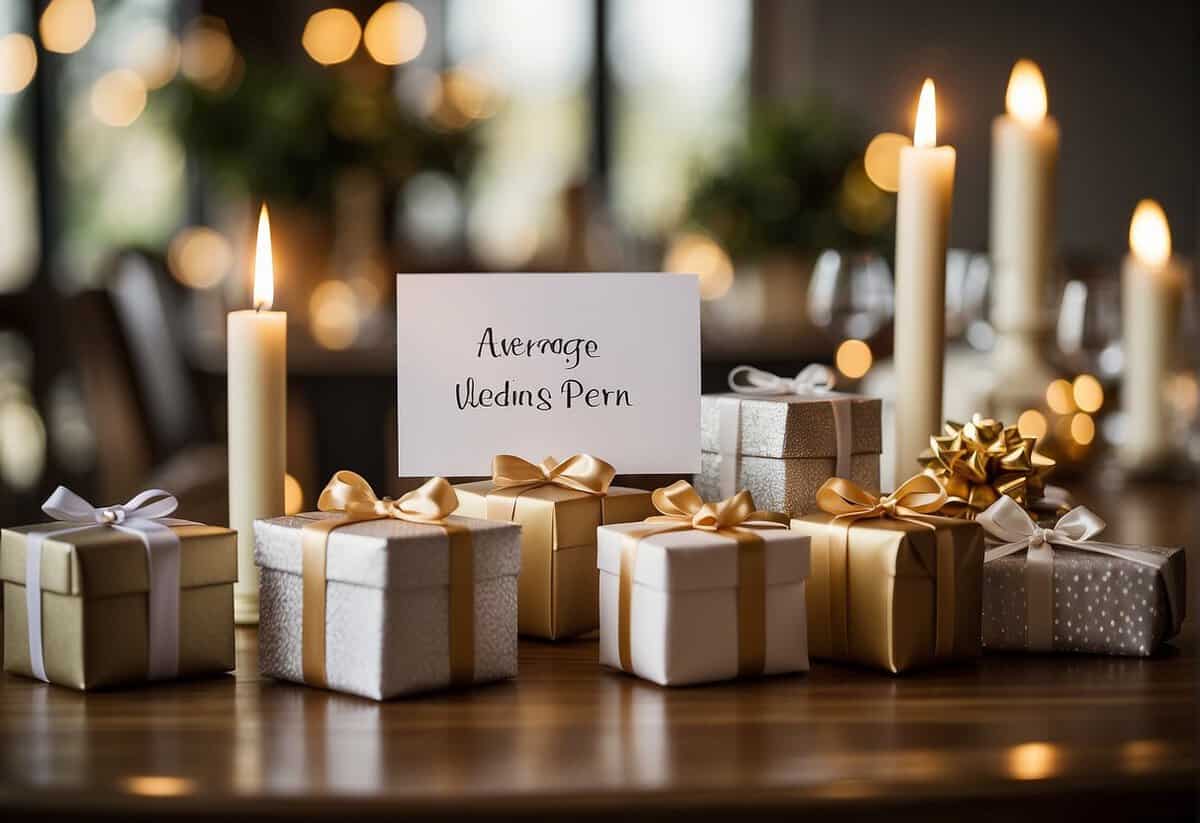 A table with wrapped gifts and a sign reading "Average Wedding Gift Per Person" with a blank space for a dollar amount