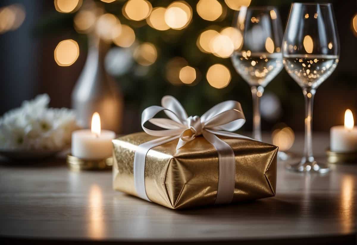 A wrapped gift sits on a table, surrounded by elegant wedding decor