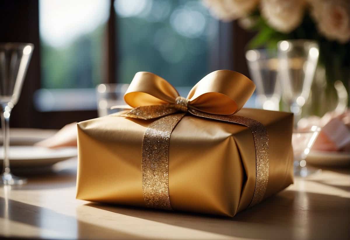 A gift wrapped in elegant paper and adorned with a bow sits on a beautifully decorated table at a wedding reception