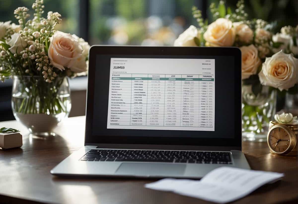 A table with a budget spreadsheet, wedding invitation samples, floral arrangements, and venue options displayed on a computer screen