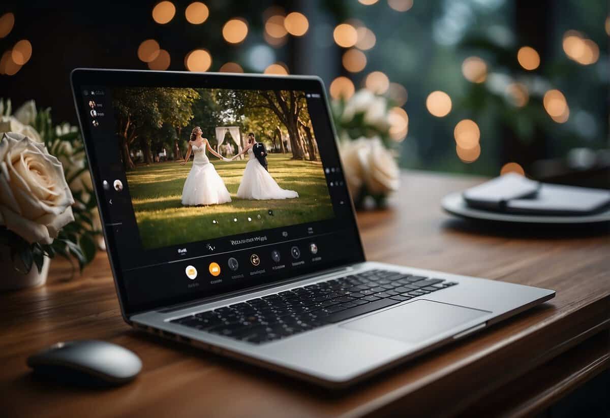 A laptop with a virtual wedding setup, a ring displayed on the screen, and a celebratory virtual background