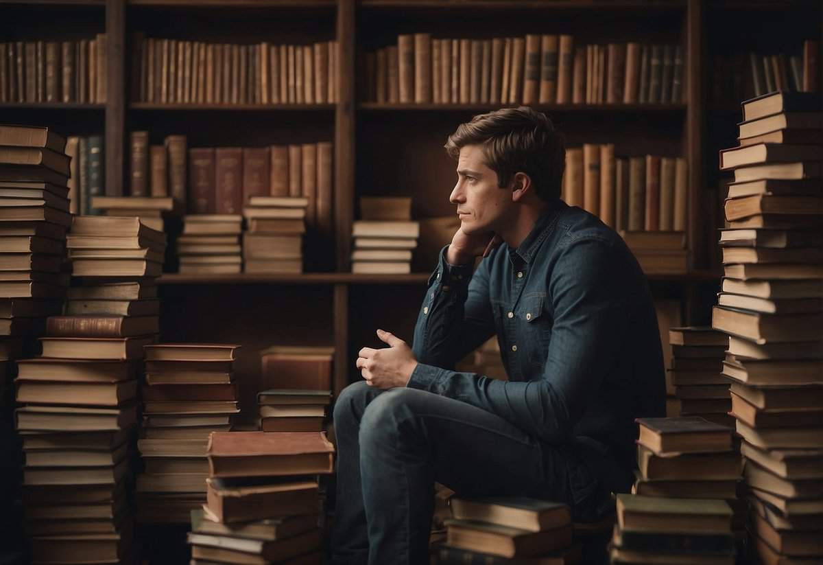 A person sitting alone, surrounded by books and deep in thought, pondering the benefits of not getting married