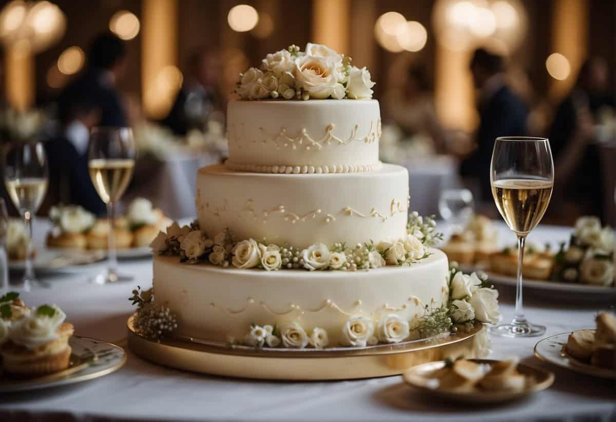 A grand wedding reception with elegant decor, a lavish cake, and joyful guests celebrating the union of two people