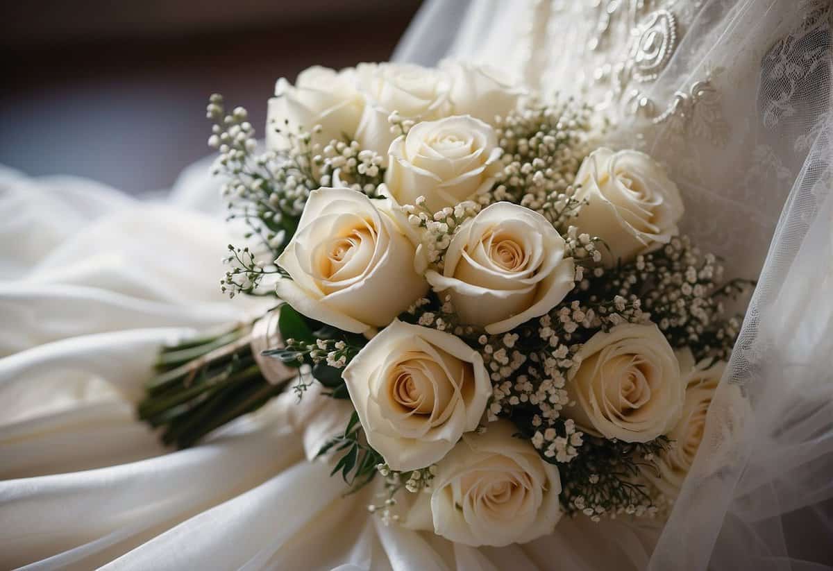 A white wedding gown, a bouquet of flowers, and a veil