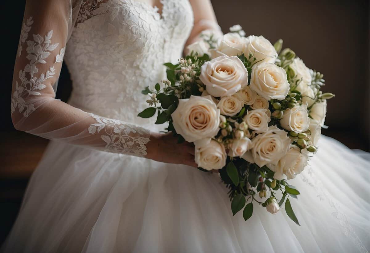 A white lace wedding gown, a delicate veil, and a bouquet of fresh flowers