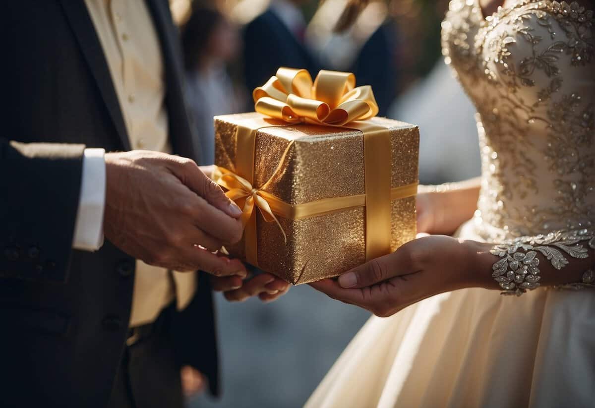 The groom presents a traditional gift to the bride's family