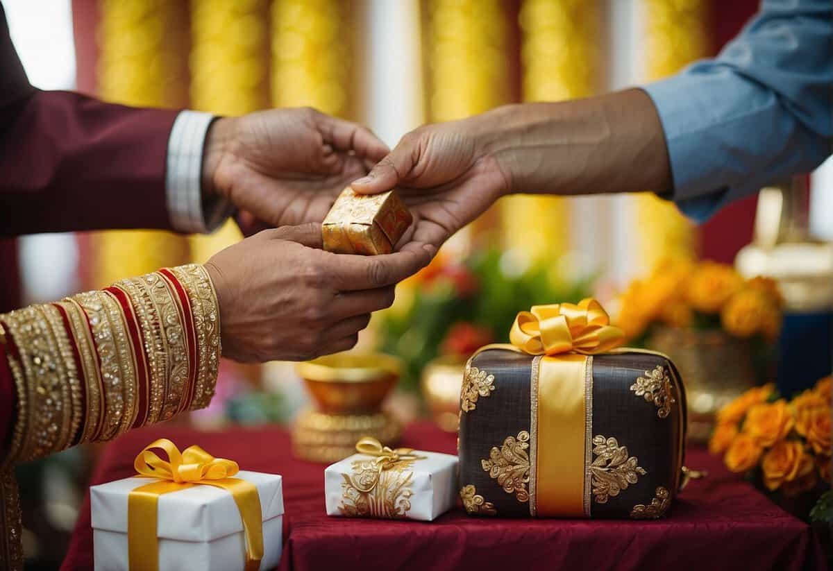 The groom presents a traditional gift to the bride's family, symbolizing respect and gratitude in a cultural ceremony known as "dowry."
