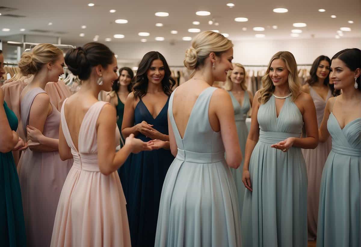 Bridesmaid dress shopping scene: A group of bridesmaids browsing through racks of dresses, discussing who will pay for their own dress in the UK